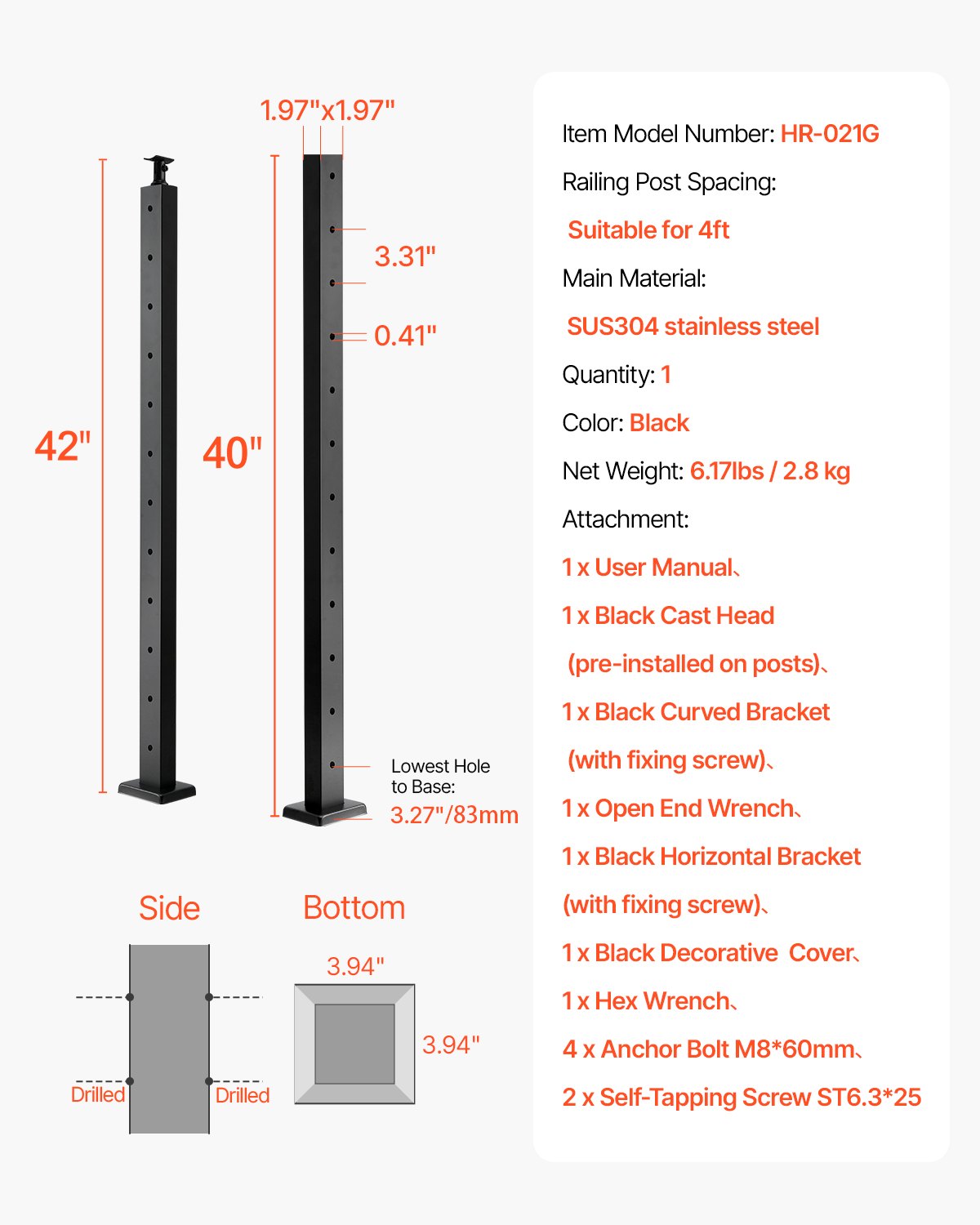 VEVOR cable railing post, 1067x50.8x50.8 mm, cable stair railing post, pre-drilled horizontal holes, stainless steel SUS304, for handrail, balustrade, black, 1JZLGZXHS106AWJO6001V0