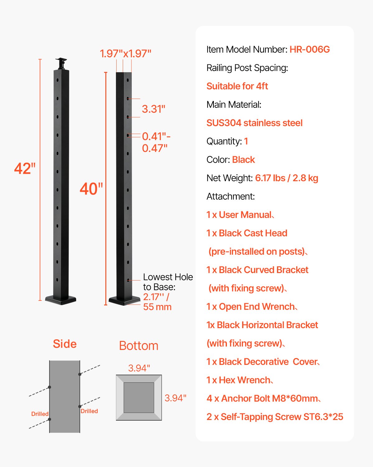 VEVOR Ringhiera per Recinzione da Balcone 1067x100x100 mm da Giardino Balcone Gradini in Acciaio Inox, Kit di Palo per Balaustrata da Terrazza, 1JZLGZXHS106W3XAA001V0