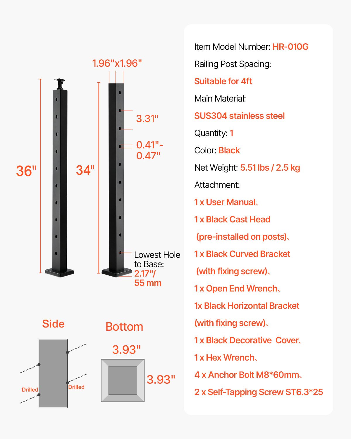 VEVOR Ringhiera per Recinzione da Balcone 914x100x100 mm da Giardino Balcone Gradini in Acciaio Inox, Kit di Palo per Balaustrata da Terrazza, 1JZLGZXHS914YIVIS001V0