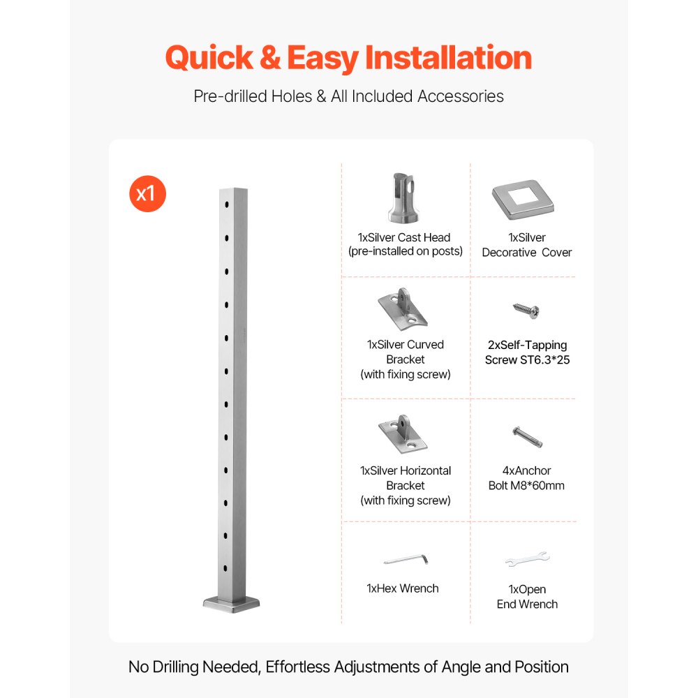 VEVOR Ringhiera per Recinzione da Balcone 1067x100x100 mm da Giardino Balcone Ponte, Poli per Gradini 30°, Kit di Palo per Balaustrata da Terrazza, Argento, 1JZLGZXYS1062TLWC001V0