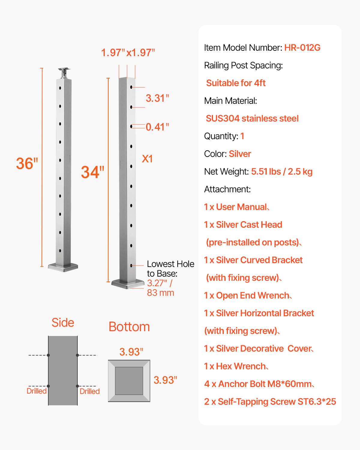 VEVOR Cable Railing Post, 91.4x5x5cm Steel Deck Railing Post with Horizontal & Pre-Drilled Holes, SUS304 Stainless Steel, with Curved Bracket, 1 pc., Silver, 1JZLGZXYS91466KZK001V0