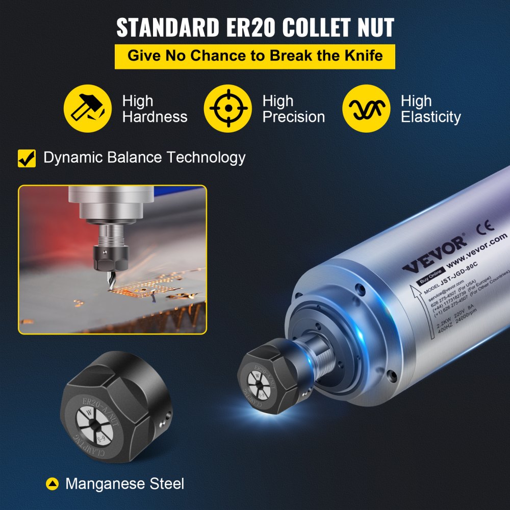 VEVOR Motore Mandrino Raffreddato ad Acqua 2.2KW in Acciaio Inossidabile 304, 8000-24000 R / min,  Motore del Mandrino  con Cuscinetto dalla Germania 220V,  Funzione PLC di 16 Livelli di Velocità