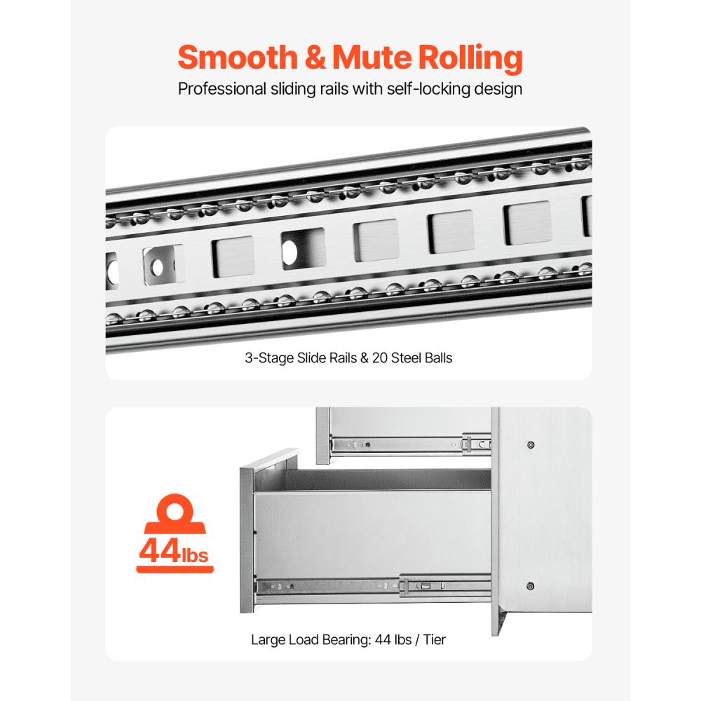 VEVOR Outdoor Kitchen Drawers, Recessed Stainless Steel Grill Drawers with Triple Access and Handle, Grill Island Drawers for Outdoor Kitchens or Patio Grill Stations 356 x 516 x 588 mm