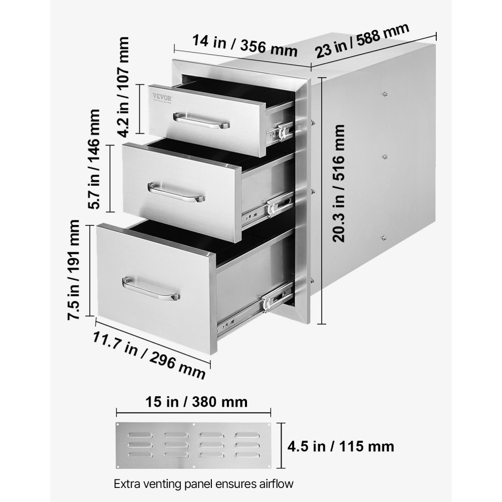 VEVOR Outdoor Kitchen Drawers, Recessed Stainless Steel Grill Drawers with Triple Access and Handle, Grill Island Drawers for Outdoor Kitchens or Patio Grill Stations 356 x 516 x 588 mm