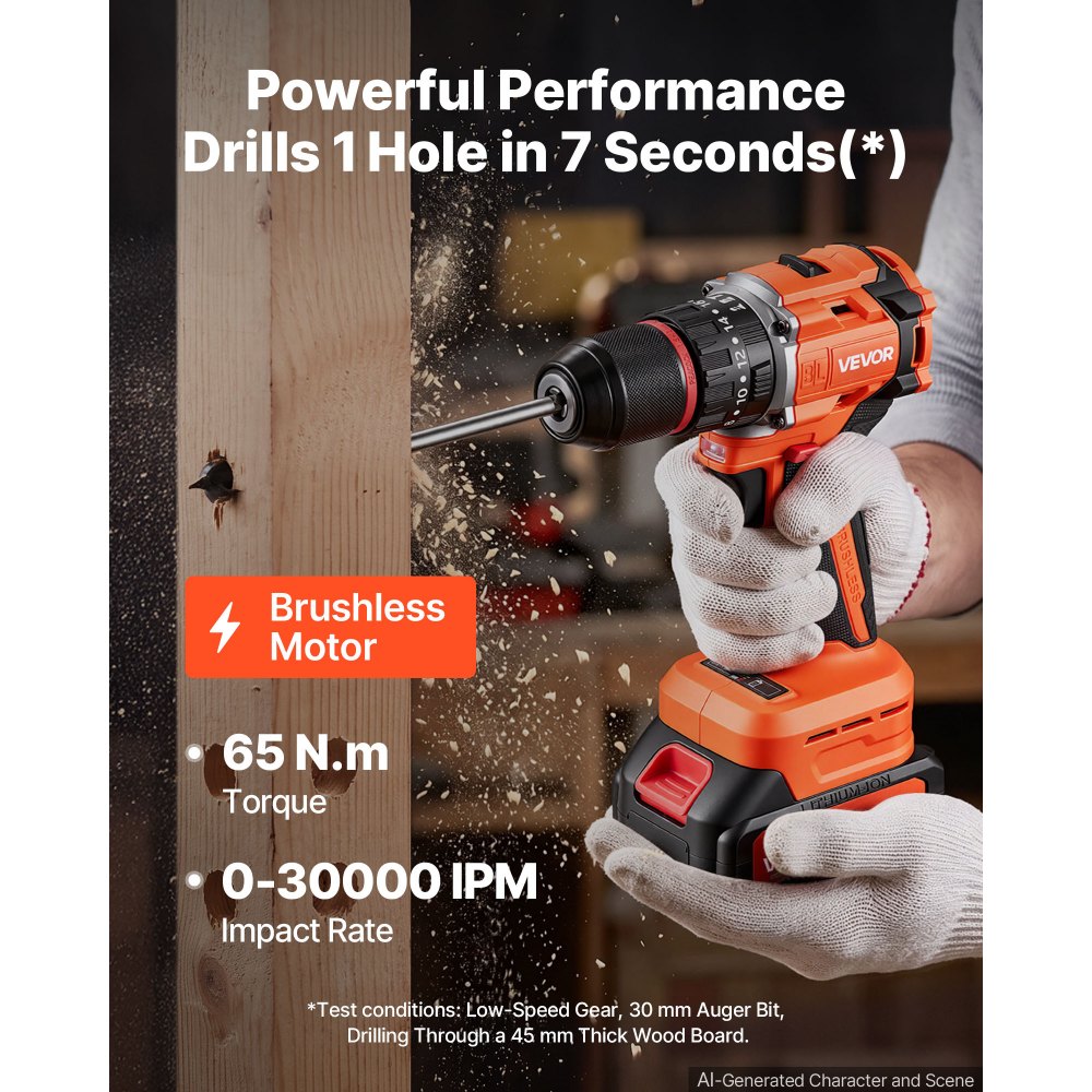 VEVOR Kit Trapano a Percussione 20V 1/2" 30000 IPM Senza Spazzole Elettrico, per Forare e Avvitare Legno, Batteria da 4000 mAh e Caricabatterie, con Mandrino Interamente in Metallo, Design Compatto