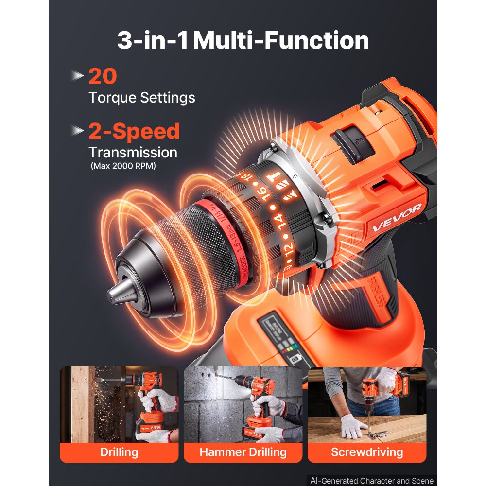 VEVOR Kit Trapano a Percussione 20V 1/2" 30000 IPM Senza Spazzole Elettrico, per Forare e Avvitare Legno, Batteria da 4000 mAh e Caricabatterie, con Mandrino Interamente in Metallo, Design Compatto