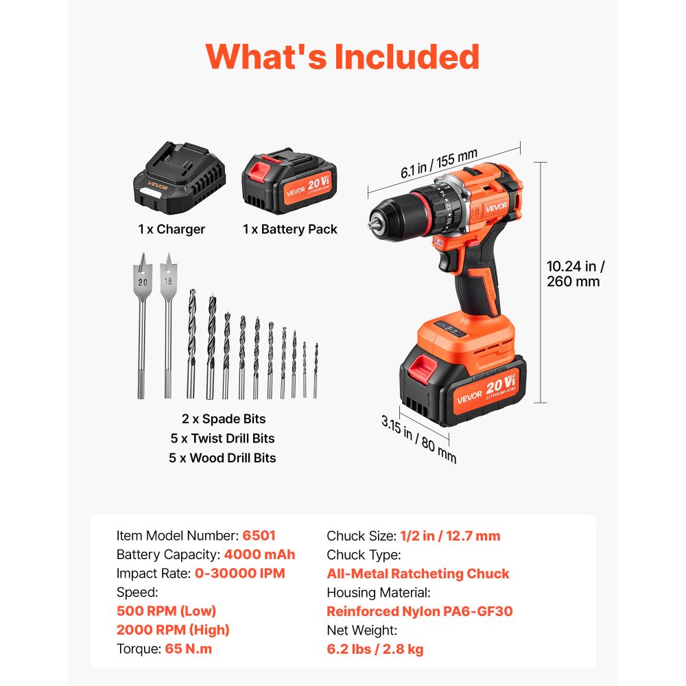 VEVOR Kit Trapano a Percussione 20V 1/2" 30000 IPM Senza Spazzole Elettrico, per Forare e Avvitare Legno, Batteria da 4000 mAh e Caricabatterie, con Mandrino Interamente in Metallo, Design Compatto