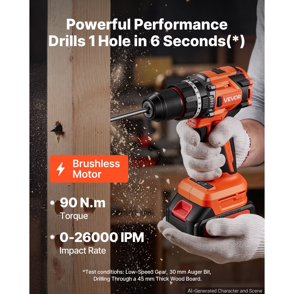 VEVOR Trapano a Percussione 20V 1/2" 26000 IPM Senza Spazzole e Senza Fili, Kit per Forare Avvitare Legno e Metallo, Batteria da 4000 mAh e Caricabatterie, con Mandrino in Metallo, Design Compatto