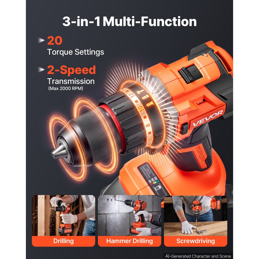 VEVOR Trapano a Percussione 20V 1/2" 26000 IPM Senza Spazzole e Senza Fili, Kit per Forare Avvitare Legno e Metallo, Batteria da 4000 mAh e Caricabatterie, con Mandrino in Metallo, Design Compatto