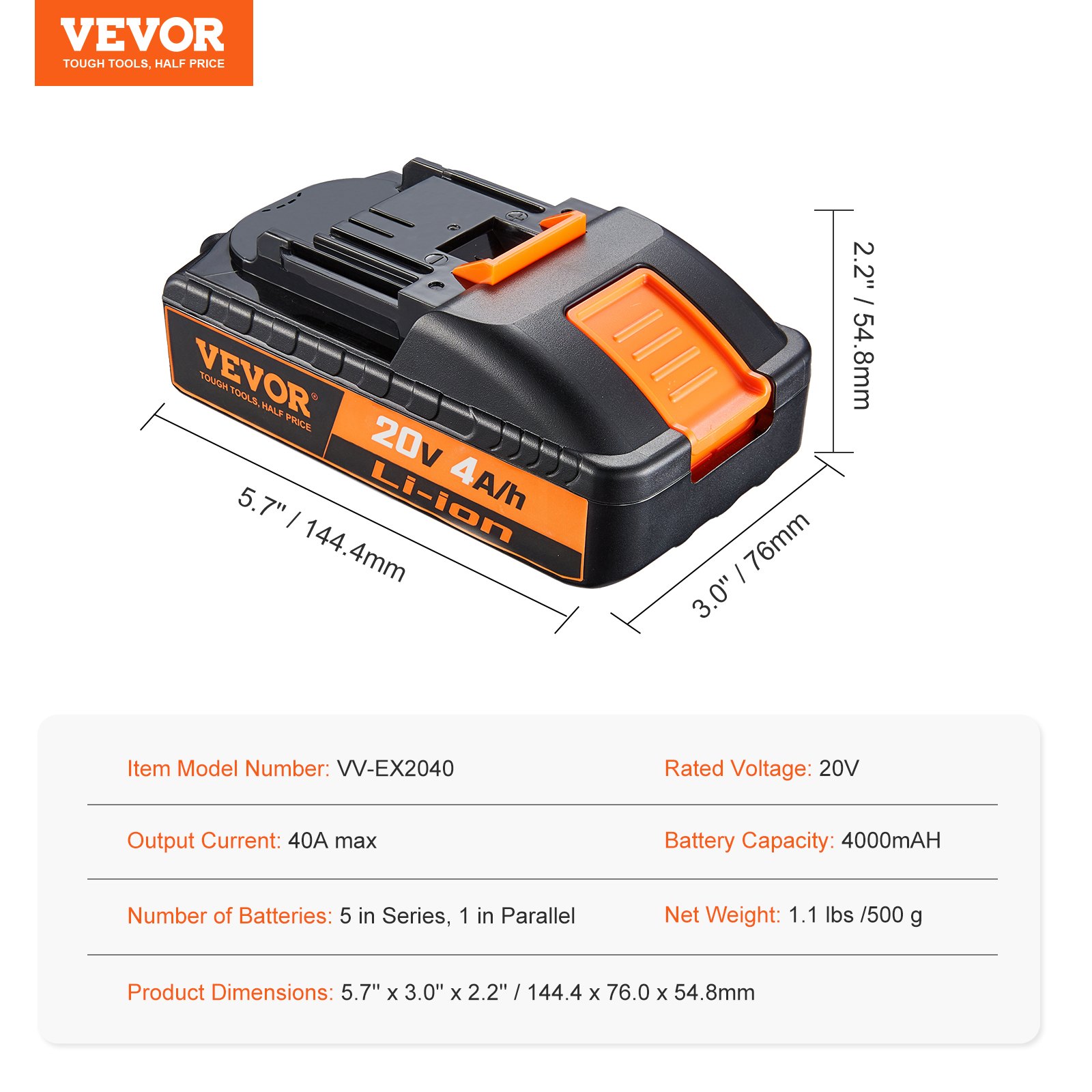 VEVOR Batteria di Ricambio per Batteria Ricaricabile al Litio da 20 V 4,0 Ah, Batteria Sostitutiva ad Alta Capacità per Batterie di Utensili Elettrici Compatibile con Elettroutensili di Batteria 20 V