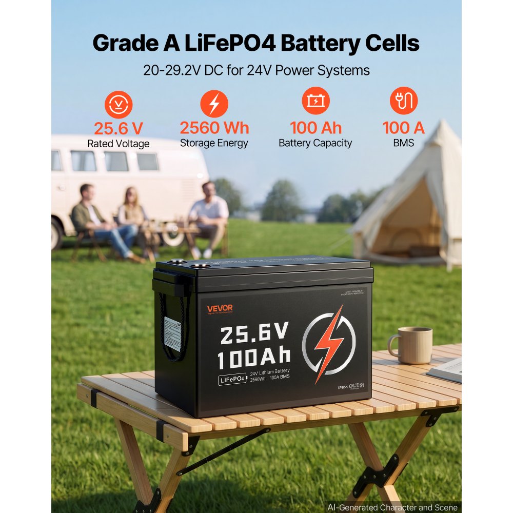 VEVOR Batteria al Litio LiFePO4 24V 100Ah 4000+ Cicli 2560Wh con Bluetooth per Camper, Motori Elettrici, Pesca, Barche, Impianti Solari, Connessione 8P2S, BMS 100A, Protezione dalle Basse Temperature