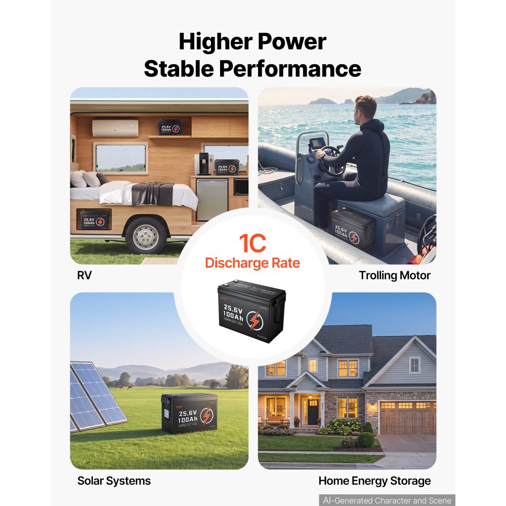 VEVOR Batteria al Litio LiFePO4 24V 100Ah 4000+ Cicli 2560Wh con Bluetooth per Camper, Motori Elettrici, Pesca, Barche, Impianti Solari, Connessione 8P2S, BMS 100A, Protezione dalle Basse Temperature