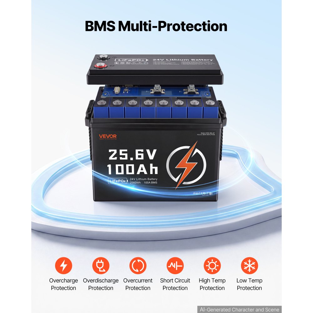 VEVOR Batteria al Litio LiFePO4 24V 100Ah 4000+ Cicli 2560Wh con Bluetooth per Camper, Motori Elettrici, Pesca, Barche, Impianti Solari, Connessione 8P2S, BMS 100A, Protezione dalle Basse Temperature