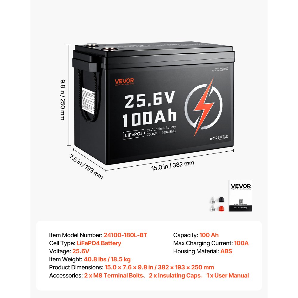 VEVOR Batteria al Litio LiFePO4 24V 100Ah 4000+ Cicli 2560Wh con Bluetooth per Camper, Motori Elettrici, Pesca, Barche, Impianti Solari, Connessione 8P2S, BMS 100A, Protezione dalle Basse Temperature
