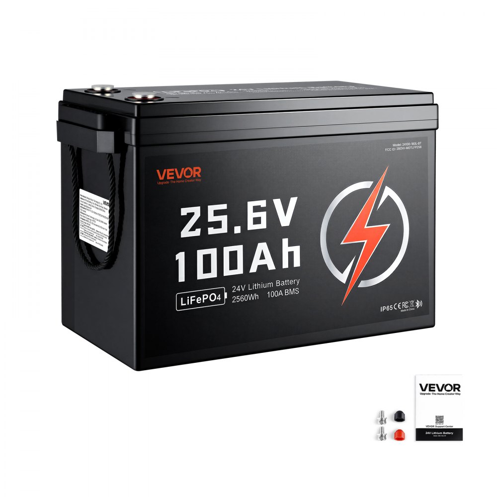 VEVOR Batteria al Litio LiFePO4 24V 100Ah 4000+ Cicli 2560Wh con Bluetooth per Camper, Motori Elettrici, Pesca, Barche, Impianti Solari, Connessione 8P2S, BMS 100A, Protezione dalle Basse Temperature