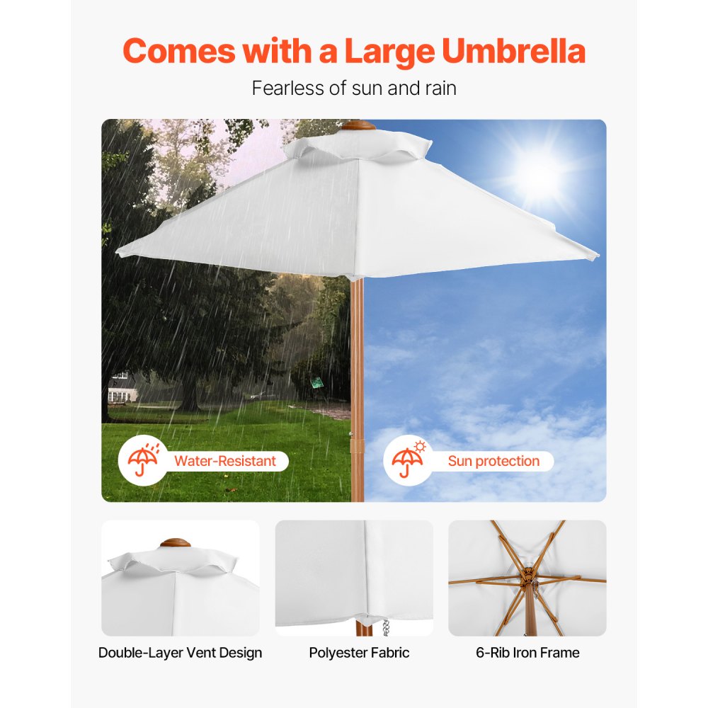 VEVOR Tavolo da Picnic con Ombrellone da 890 x 800 x 510 mm Tavolo e Panca in Legno per Esterni con 2 Vassoi, Mobili da Pranzo per Patio per 4 Persone per Giardino, Cortile e Veranda, Noce