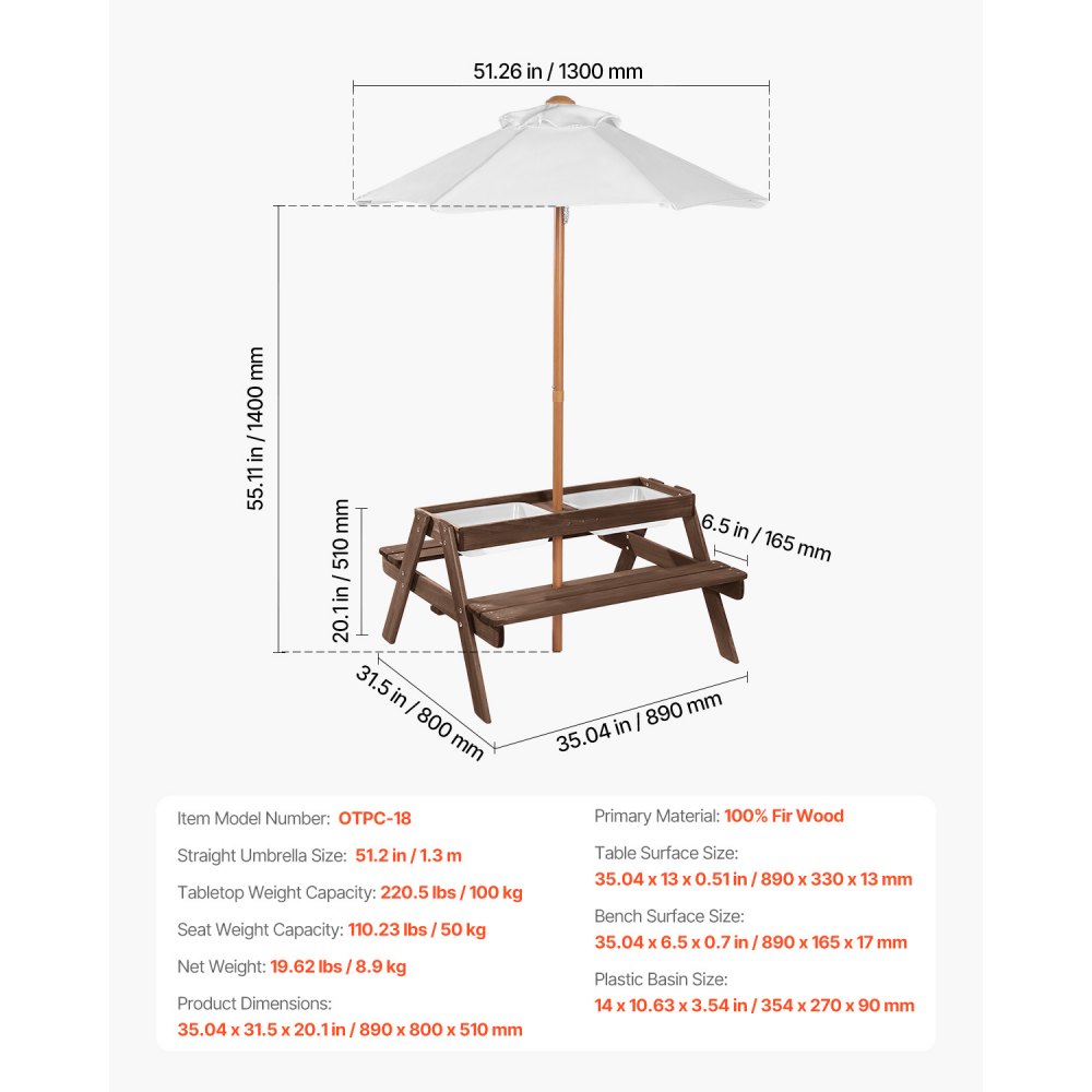 VEVOR Tavolo da Picnic con Ombrellone da 890 x 800 x 510 mm Tavolo e Panca in Legno per Esterni con 2 Vassoi, Mobili da Pranzo per Patio per 4 Persone per Giardino, Cortile e Veranda, Noce