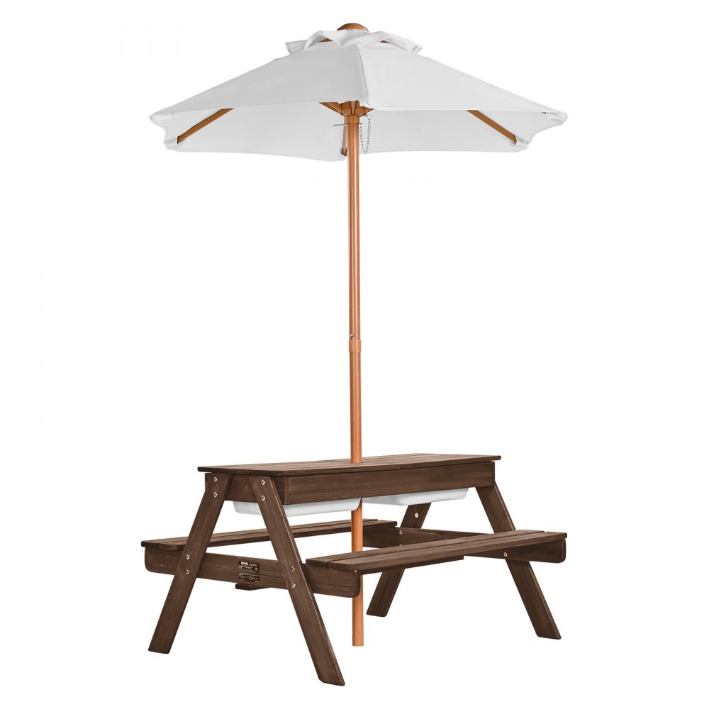 VEVOR Tavolo da Picnic con Ombrellone da 890 x 800 x 510 mm Tavolo e Panca in Legno per Esterni con 2 Vassoi, Mobili da Pranzo per Patio per 4 Persone per Giardino, Cortile e Veranda, Noce