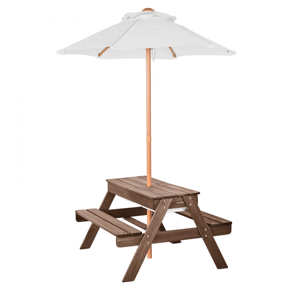 VEVOR Tavolo da Picnic con Ombrellone da 890 x 800 x 510 mm Tavolo e Panca in Legno per Esterni con 2 Vassoi, Mobili da Pranzo per Patio per 4 Persone per Giardino, Cortile e Veranda, Noce