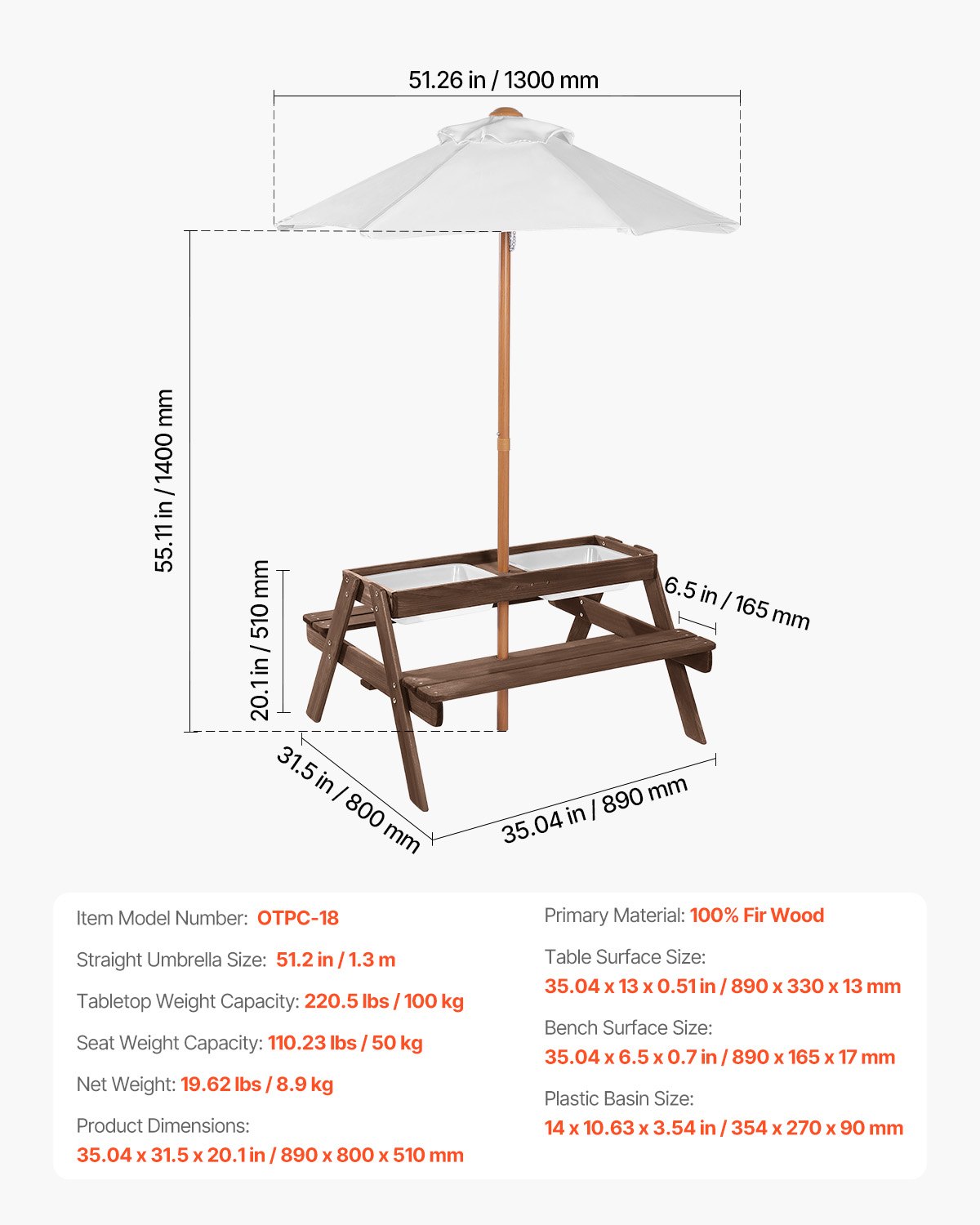 VEVOR Tavolo da Picnic con Ombrellone da 890 x 800 x 510 mm Tavolo e Panca in Legno per Esterni con 2 Vassoi, Mobili da Pranzo per Patio per 4 Persone per Giardino, Cortile e Veranda, Noce