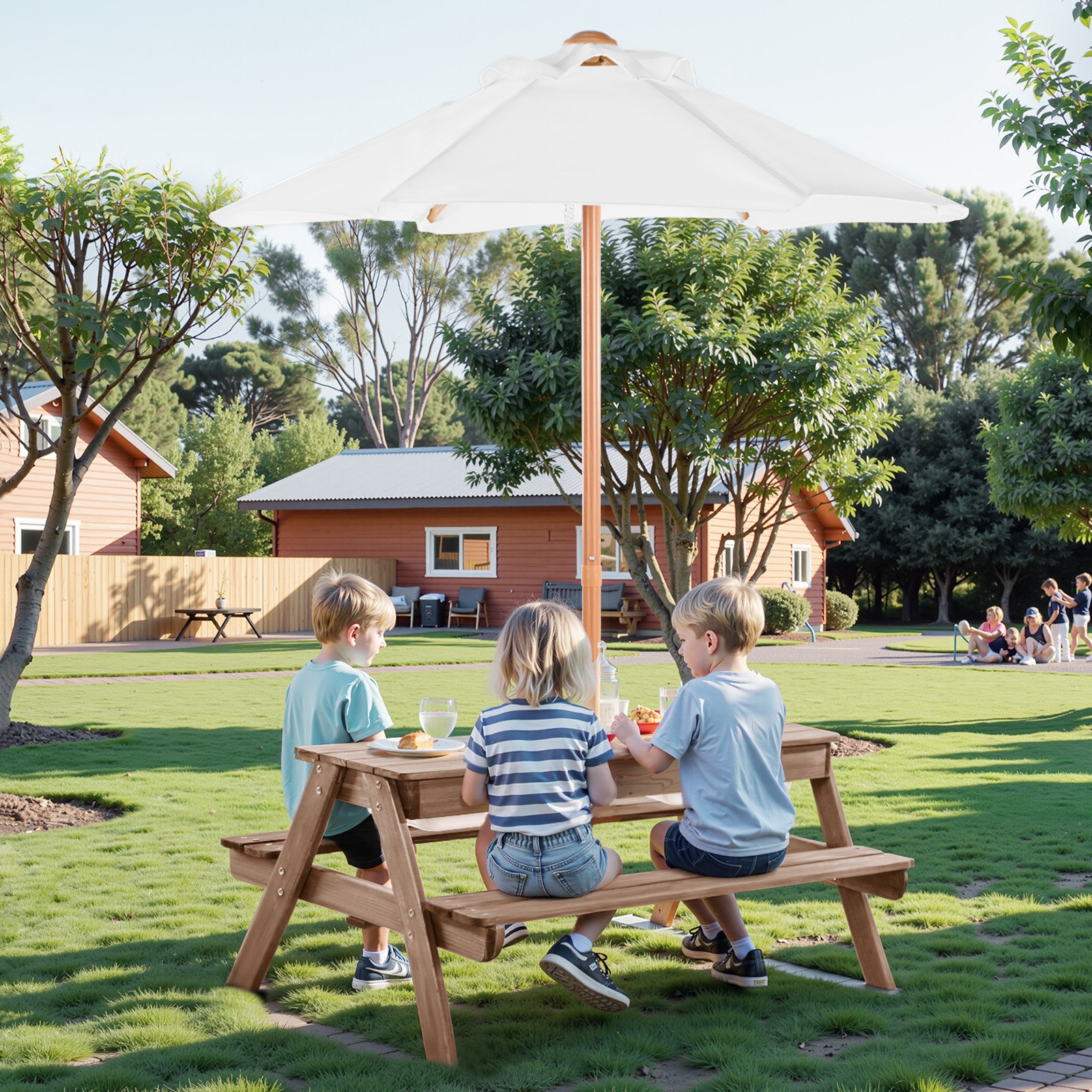 VEVOR Tavolo da Picnic con Ombrellone da 890 x 800 x 510 mm Tavolo e Panca in Legno per Esterni con 2 Vassoi, Mobili da Pranzo per Patio per 4 Persone per Giardino, Cortile e Veranda, Noce