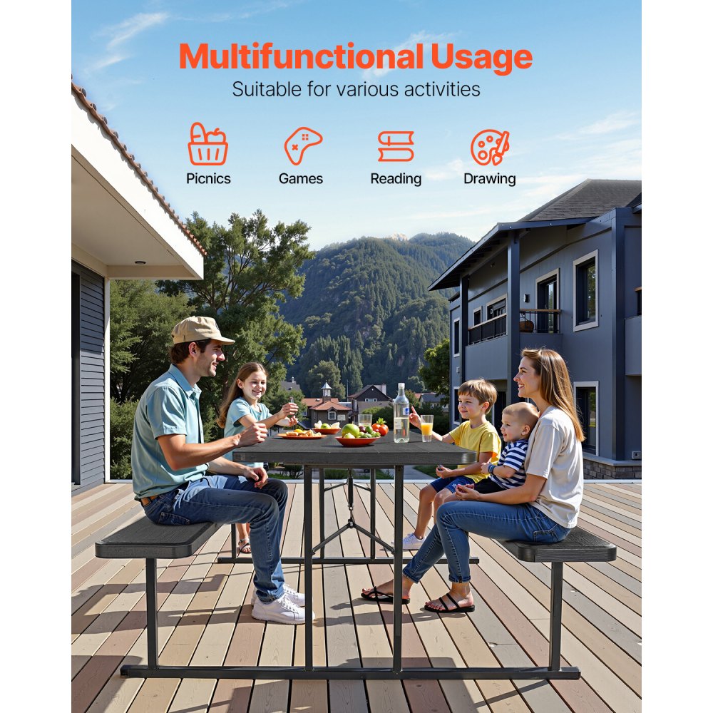 VEVOR Folding Picnic Table (150 kg Load Capacity Tabletop) with 2 Benches, Steel Outdoor Bench Set with Parasol Hole, Foldable Portable Dining Table for Patio, Garden, Yard, Pool (Black)