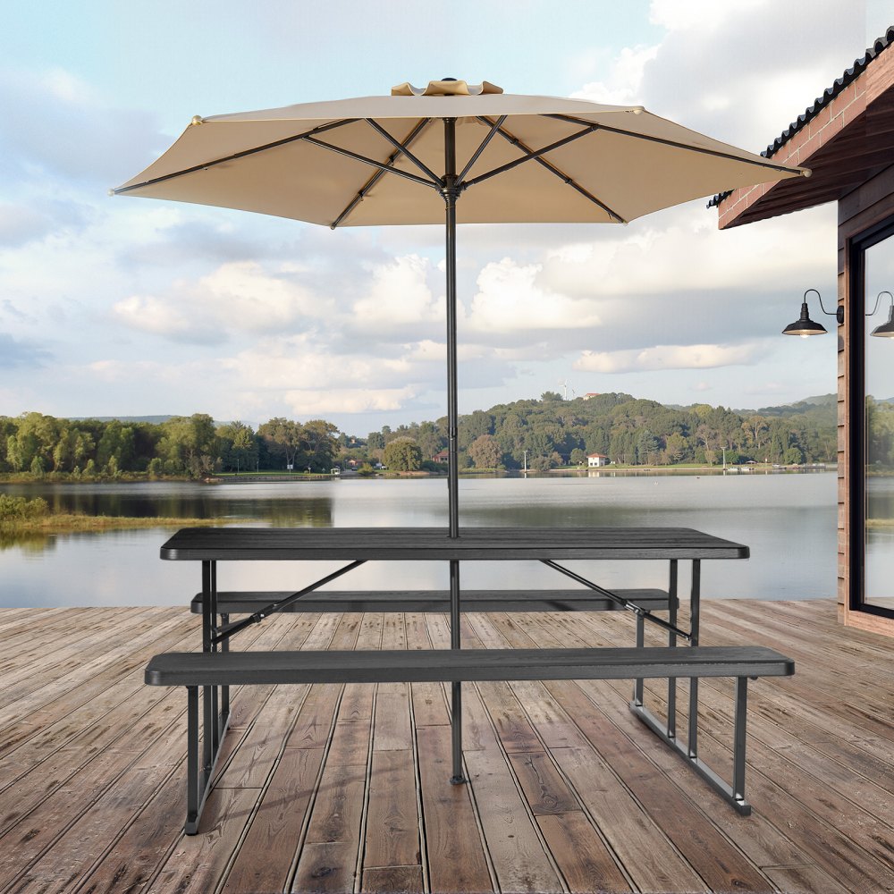 VEVOR Folding Picnic Table (150 kg Load Capacity Tabletop) with 2 Benches, Steel Outdoor Bench Set with Parasol Hole, Foldable Portable Dining Table for Patio, Garden, Yard, Pool (Black)