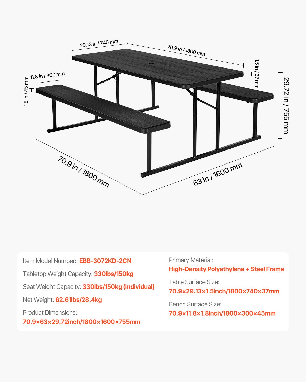VEVOR Folding Picnic Table (150 kg Load Capacity Tabletop) with 2 Benches, Steel Outdoor Bench Set with Parasol Hole, Foldable Portable Dining Table for Patio, Garden, Yard, Pool (Black)