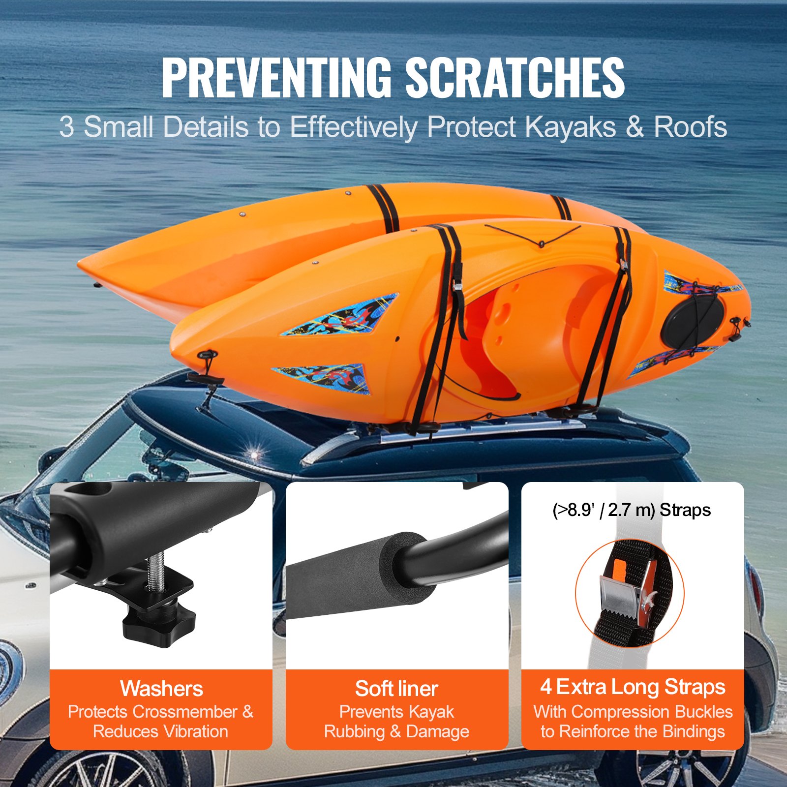 VEVOR Portapacchi per kayak 1 paio, portapacchi per montaggio superiore, portapacchi morbido con barra a J, per tavola da surf, canoa, SUP, tavola da sci, montaggio su auto, SUV, camion, 2 kayak