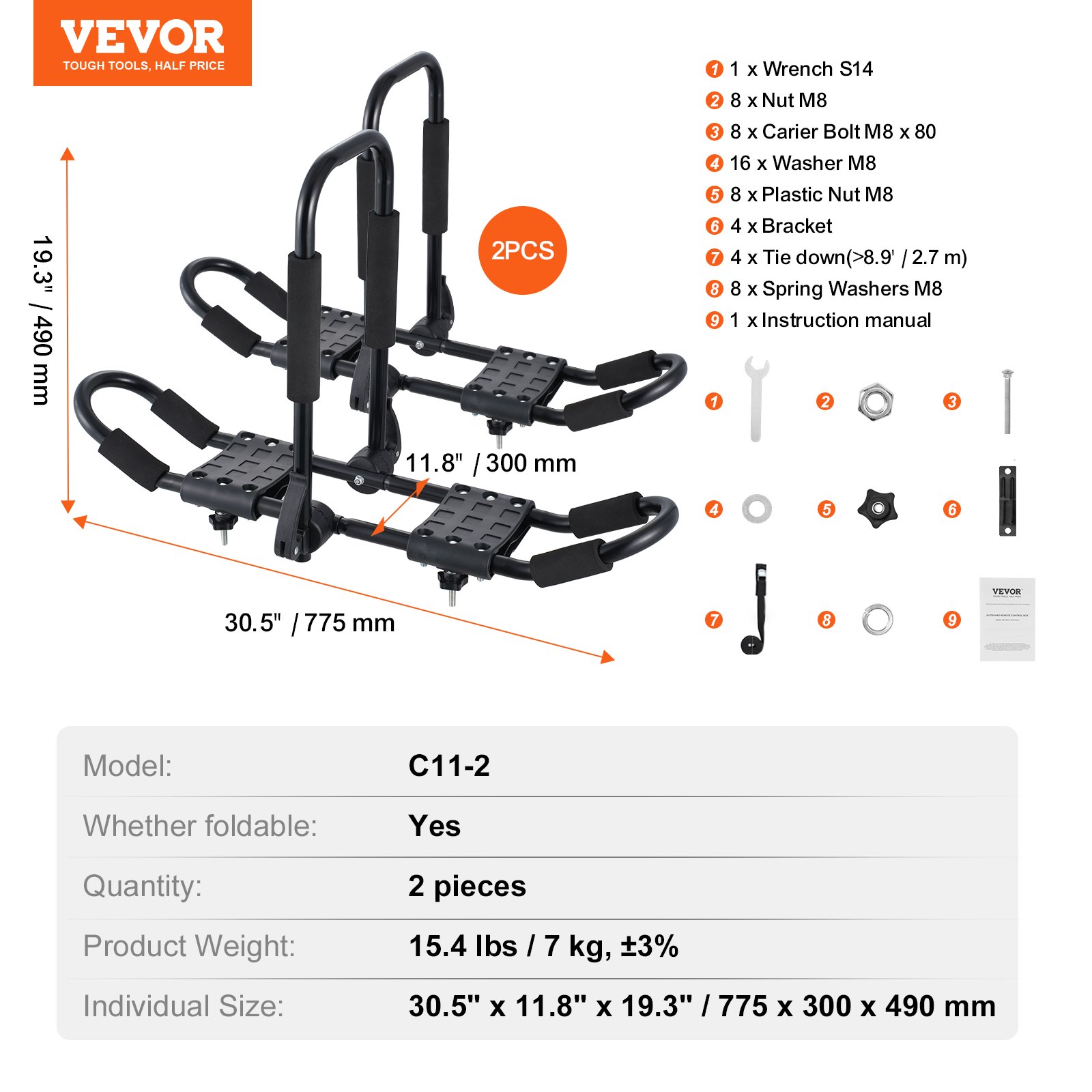 VEVOR Portapacchi per kayak 1 paio, portapacchi per montaggio superiore, portapacchi morbido con barra a J, per tavola da surf, canoa, SUP, tavola da sci, montaggio su auto, SUV, camion, 2 kayak