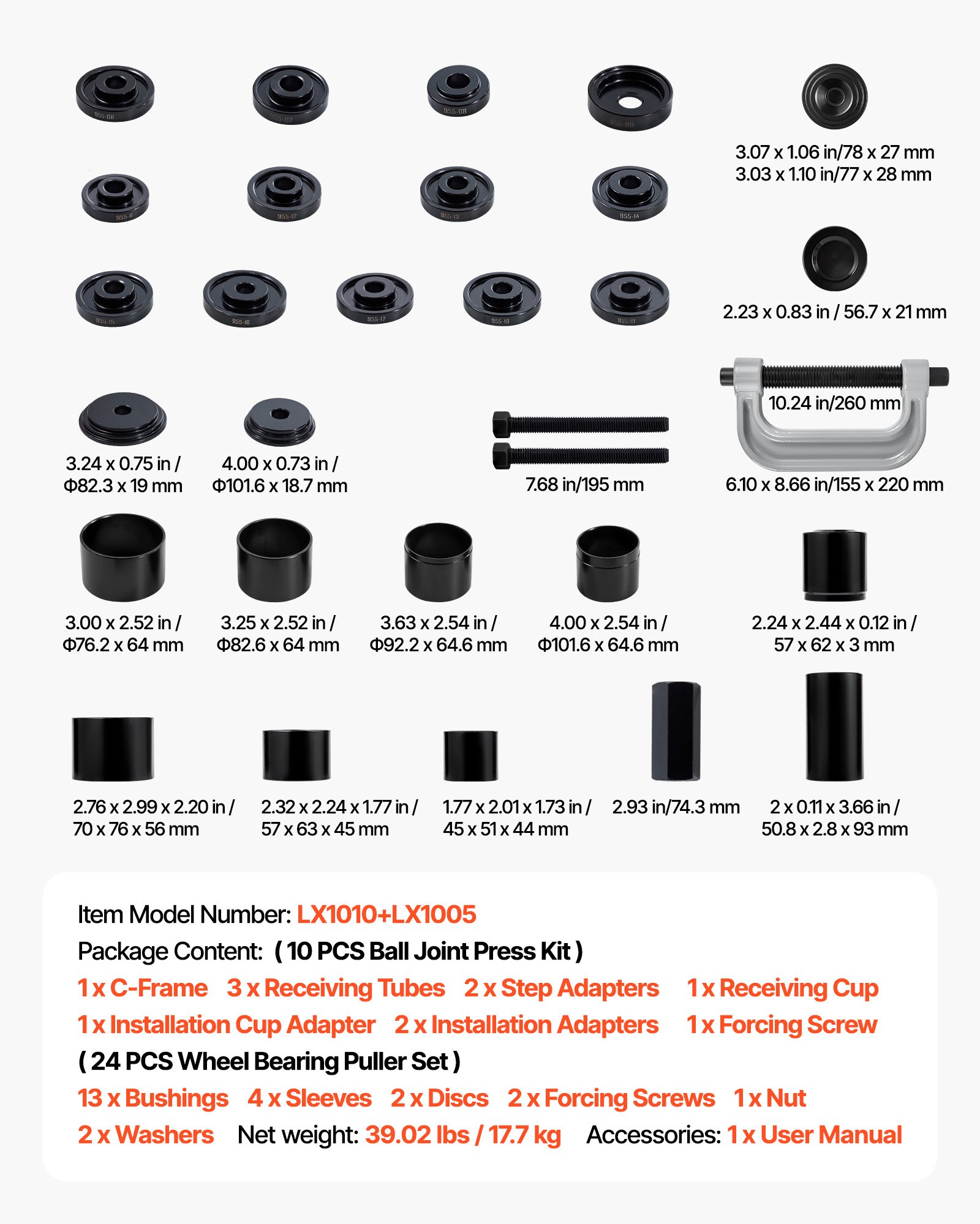 VEVOR Kit Pressa per Cuscinetti, 10+24 Pezzi, Utensile per Boccole, Set per Piste e Guarnizioni con 13 Boccole, Telaio a C e Manicotti, Strumenti di Installazione e Rimozione con Custodia