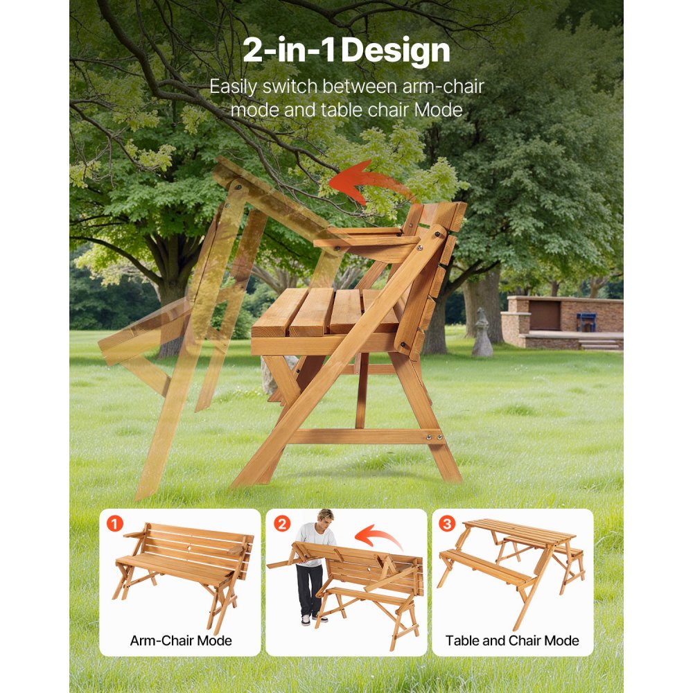 VEVOR Tavolo da Picnic Trasformabile Intercambiabile, Set Tavolo e Panca in Legno per Esterni, Panca Pieghevole Portatile con Foro per Ombrellone, Mobili da Pranzo per Patio per Giardino, Marrone