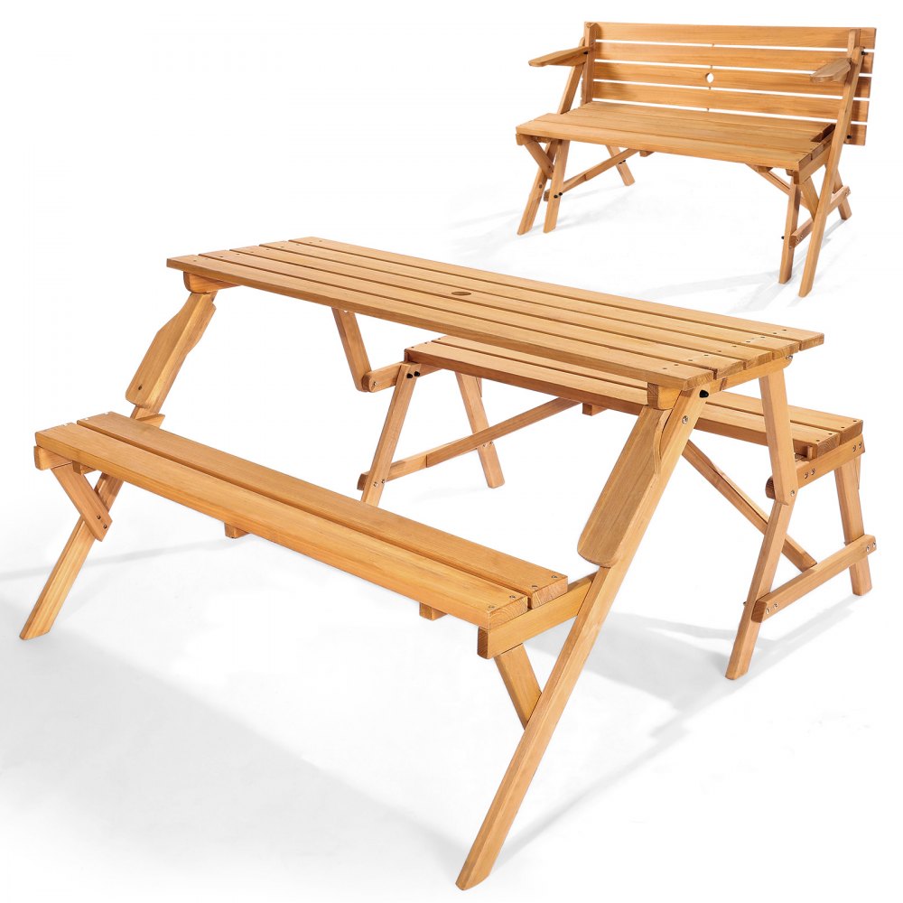 VEVOR Tavolo da Picnic Trasformabile Intercambiabile, Set Tavolo e Panca in Legno per Esterni, Panca Pieghevole Portatile con Foro per Ombrellone, Mobili da Pranzo per Patio per Giardino, Marrone