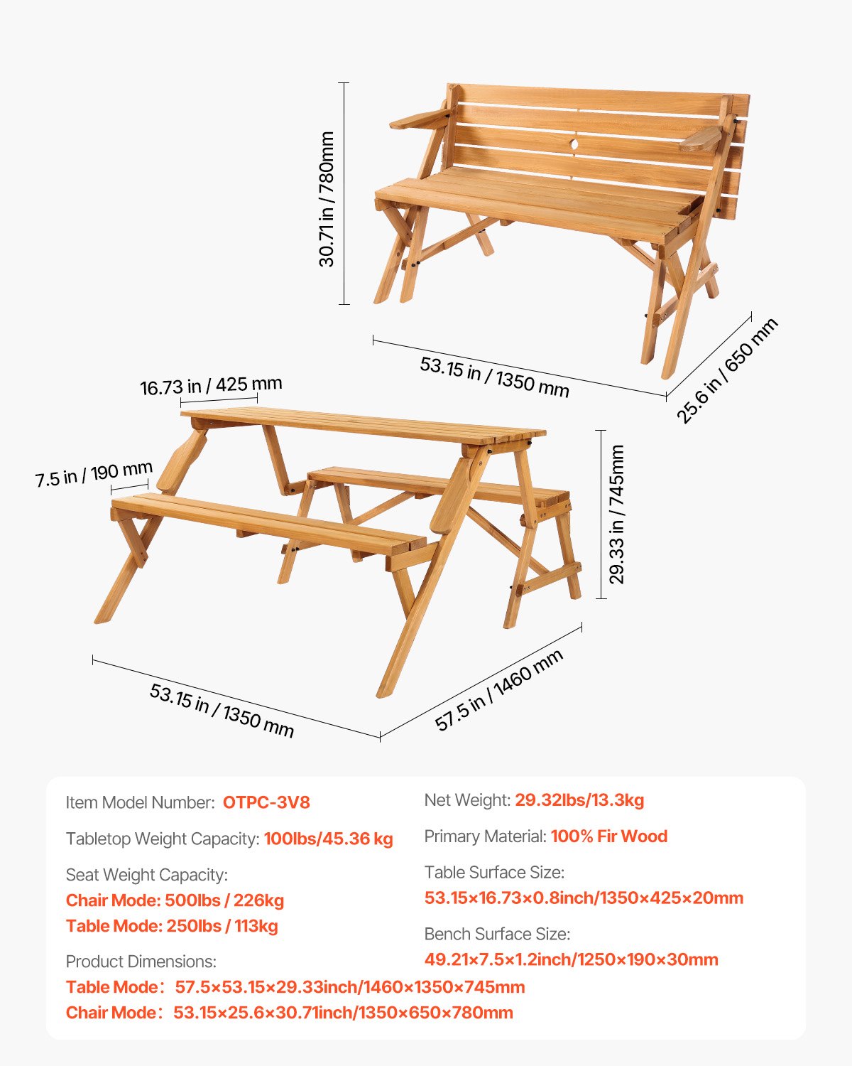 VEVOR Tavolo da Picnic Trasformabile Intercambiabile, Set Tavolo e Panca in Legno per Esterni, Panca Pieghevole Portatile con Foro per Ombrellone, Mobili da Pranzo per Patio per Giardino, Marrone