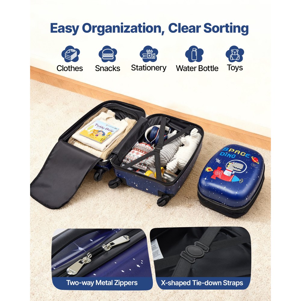 VEVOR Set di Valigie per Bambini da Vacanza 2 Pezzi, Valigia Rigida da 45,7 cm con Ruote e Zaino Rigido, a Forma di Dinosauro, Regalo di Compleanno per Bambini, Approvato dalle Compagnie Aeree