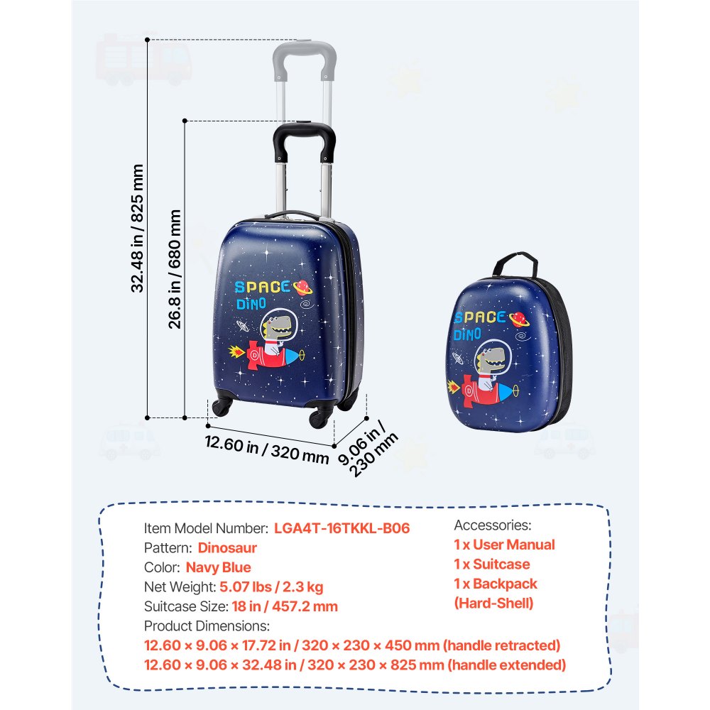 VEVOR Set di Valigie per Bambini da Vacanza 2 Pezzi, Valigia Rigida da 45,7 cm con Ruote e Zaino Rigido, a Forma di Dinosauro, Regalo di Compleanno per Bambini, Approvato dalle Compagnie Aeree