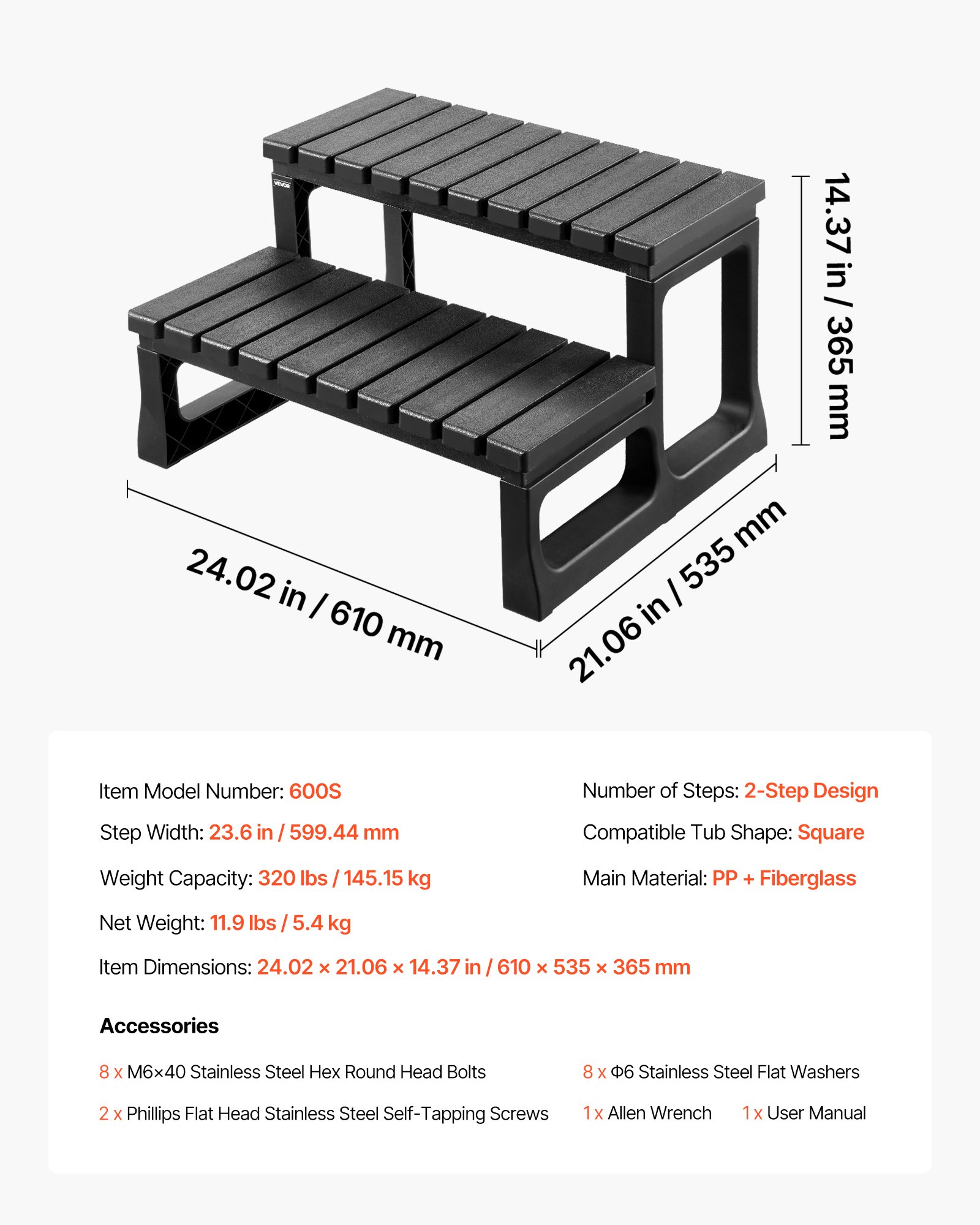 VEVOR Scala per Vasca Idromassaggio, a 2 Gradini, Scala per Piscina Gonfiabile Fuori Terra in PP Resistente, Larga 599,5 mm, Carico 145,2 kg, per Veranda, Patio, Terrazza, Camper, Nero