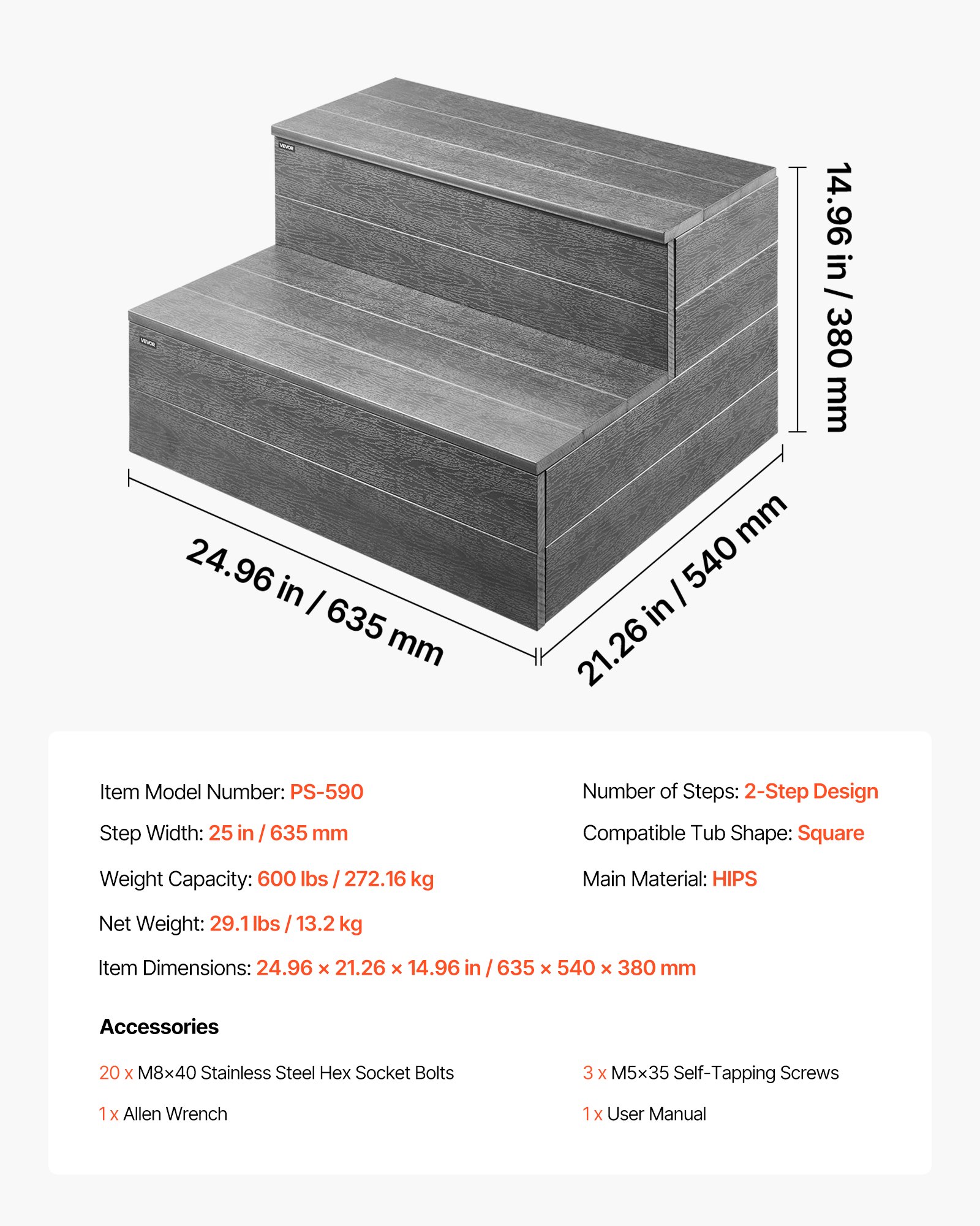 VEVOR Scala per Vasca Idromassaggio, a 2 Gradini, Scala per Piscina Gonfiabile Fuori Terra in HIPS, Larga 635 mm, Carico 272,2 kg, per Veranda, Patio, Terrazza, Camper, Grigio Grafite