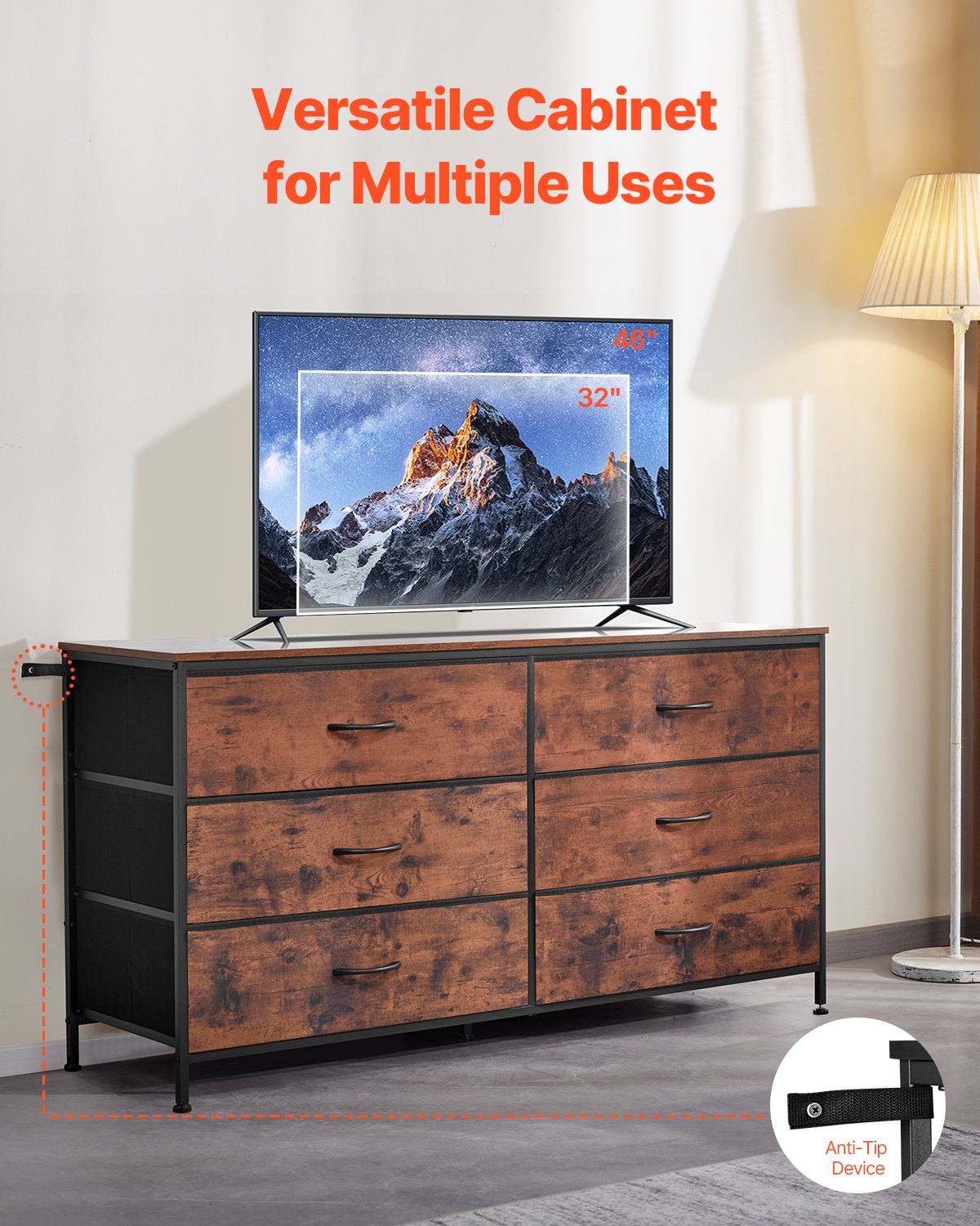 VEVOR Cassettiera a 6 Cassetti, Cassettiera Alta con Cassetti, Porta TV con Contenitore, con Robusta Struttura in Acciaio, Torre Portaoggetti in Tessuto per Camera da Letto, Armadio, Marrone Rustico