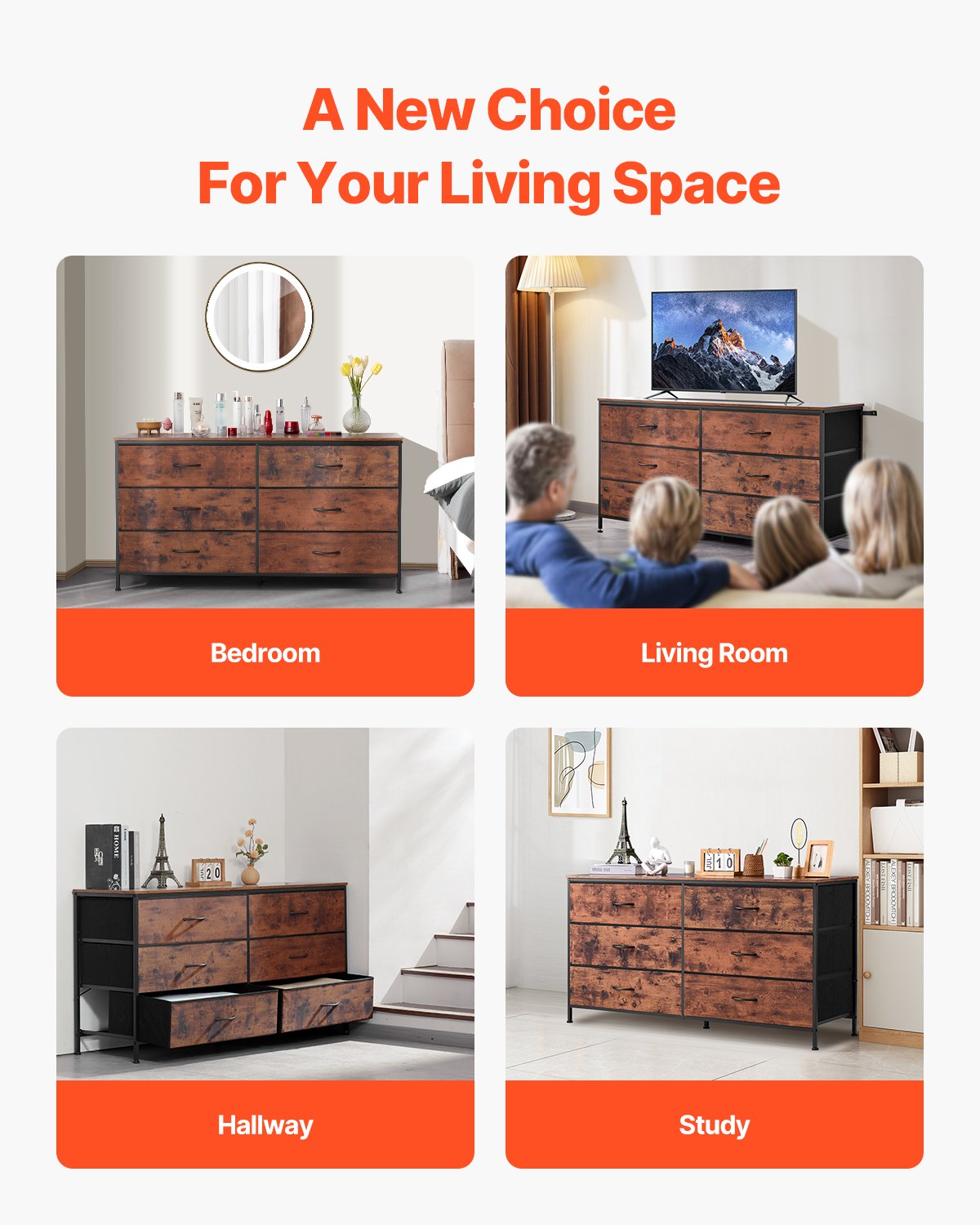 VEVOR Cassettiera a 6 Cassetti, Cassettiera Alta con Cassetti, Porta TV con Contenitore, con Robusta Struttura in Acciaio, Torre Portaoggetti in Tessuto per Camera da Letto, Armadio, Marrone Rustico