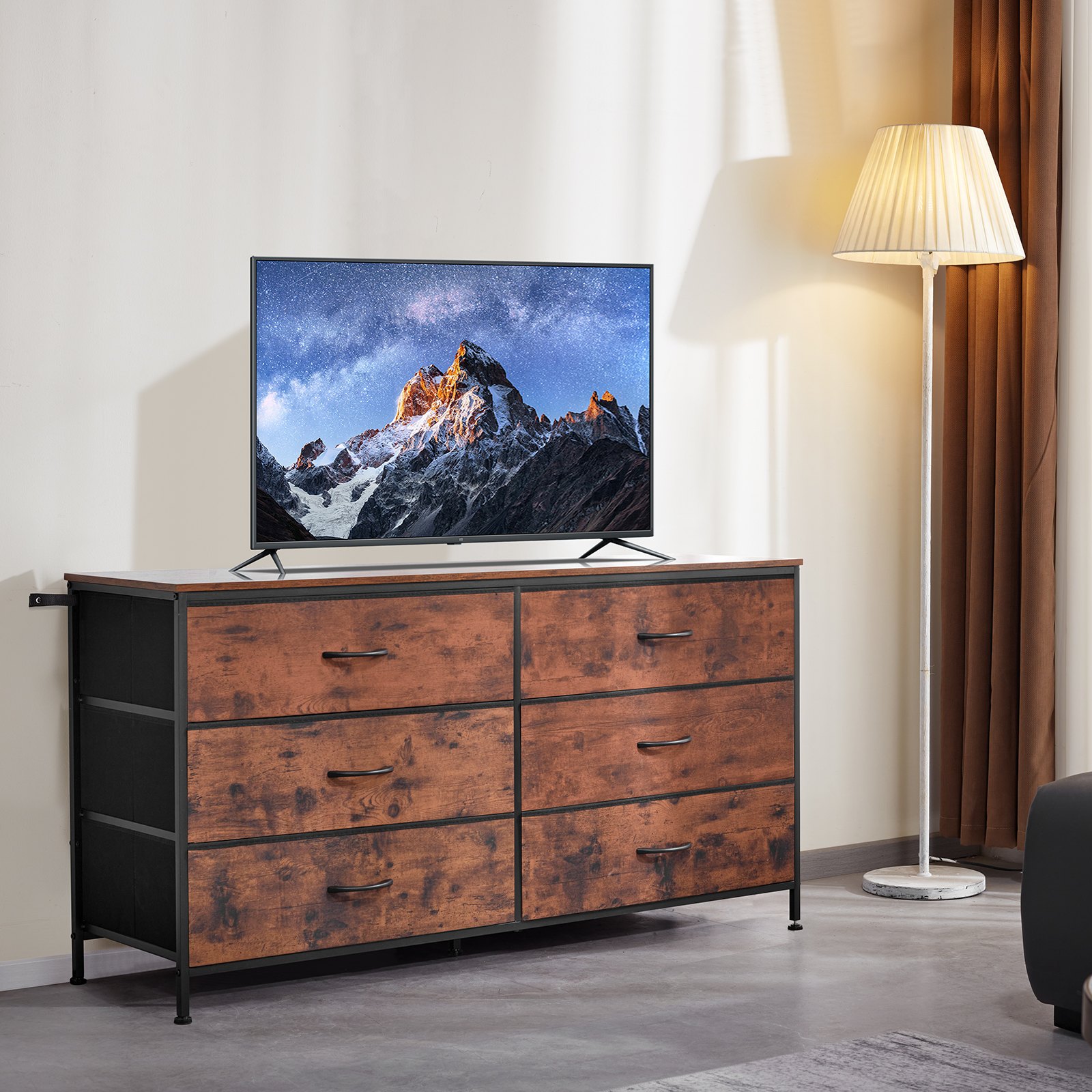 VEVOR Cassettiera a 6 Cassetti, Cassettiera Alta con Cassetti, Porta TV con Contenitore, con Robusta Struttura in Acciaio, Torre Portaoggetti in Tessuto per Camera da Letto, Armadio, Marrone Rustico