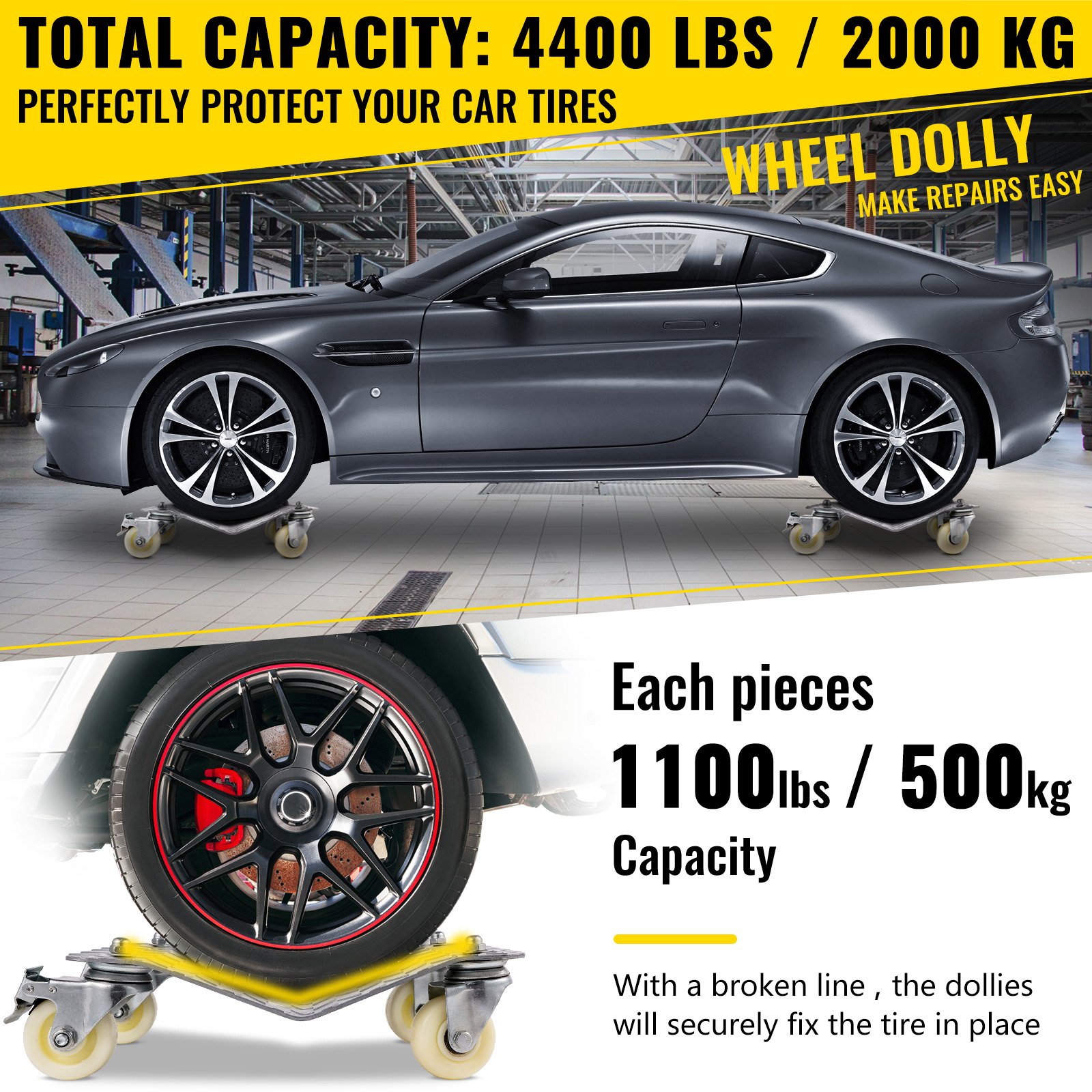 Vevor Carrelli Sposta Auto Acciaio 4 Pz Contenere Fino A 2721kg Ruote Universali