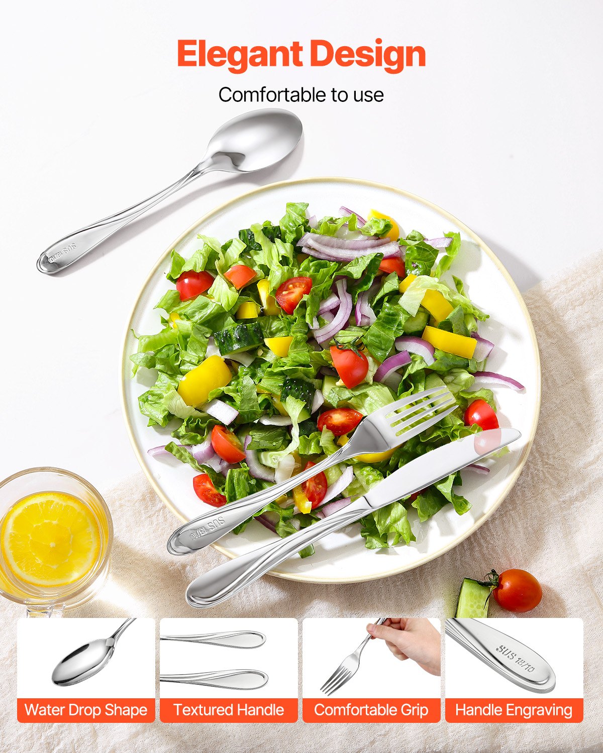 VEVOR Set di Posate in Acciaio Inossidabile per Uso Alimentare, Set di Posate Altamente Lucide, Stoviglie in Lavastoviglie, Servizio 8 Persone, Include Coltello Forchetta Cucchiaio 45 Pezzi