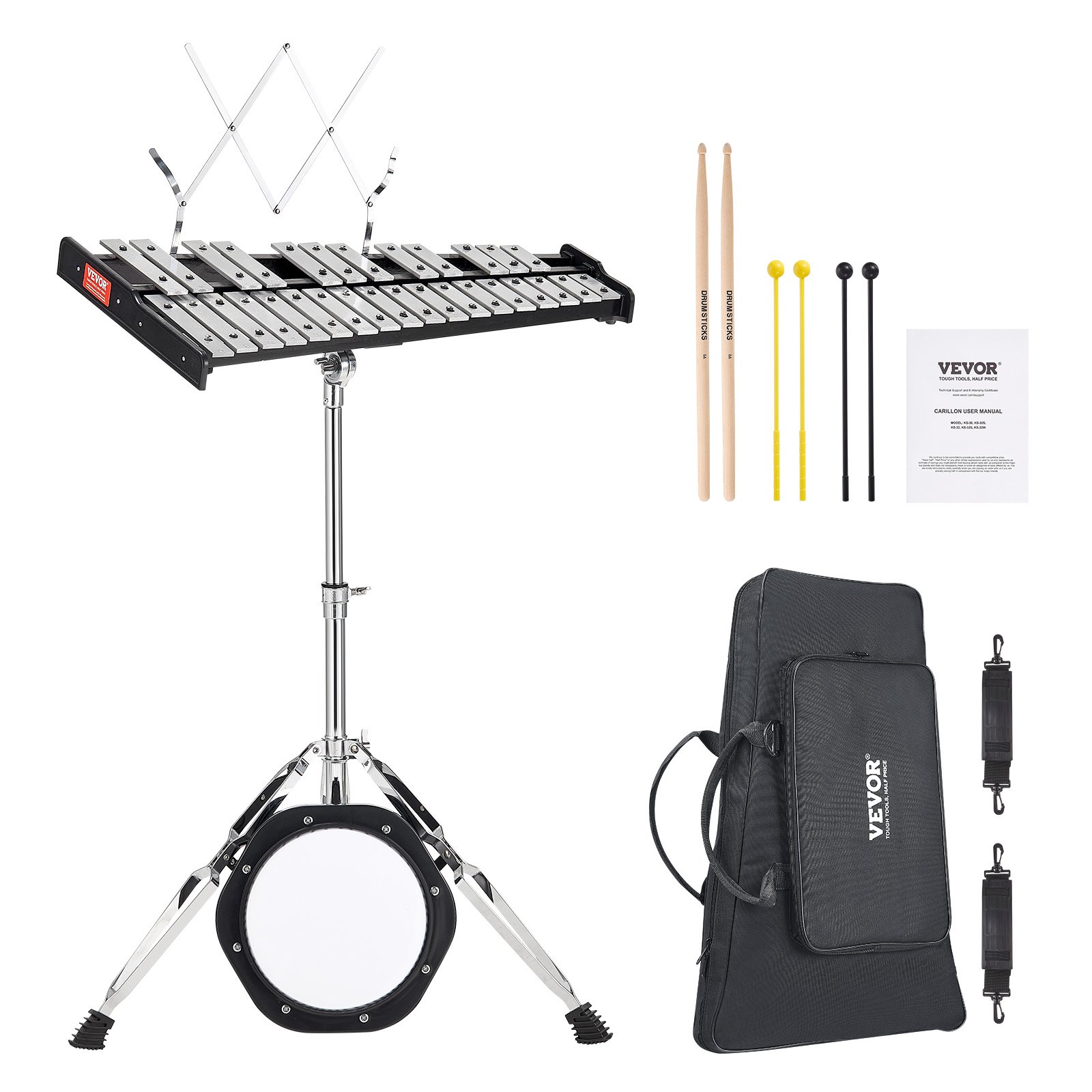 VEVOR Kit Campana Xilofono Glockenspiel a 30 Note, Strumento a Percussione Professionale con Mazze, Bacchette, Leggio, Pad 203 mm, Supporto Regolabile e Borsa per il Trasporto per Studenti e Adulti