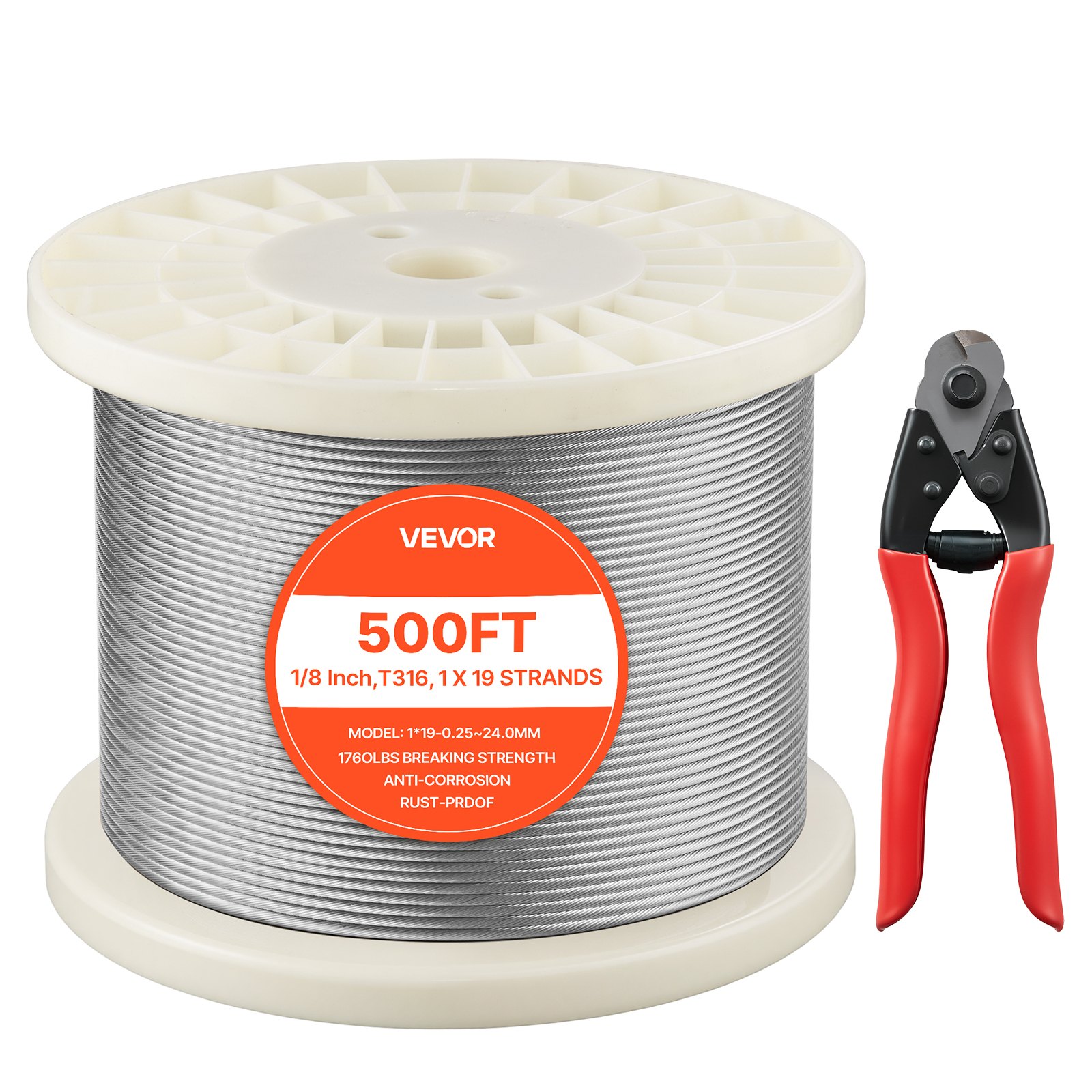 VEVOR Cavo Metallico da 3,2 mm, Lunghezza 152 m, Cavo in Acciaio Inossidabile 316 con Taglierina, Resistenza alla Rottura 798 kg, Struttura a 1 x 19 Trefoli, per Sistema di Ringhiere per Ponti