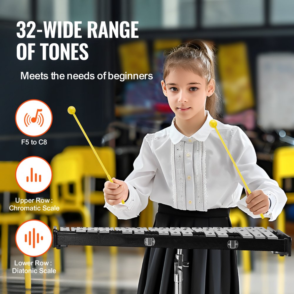 VEVOR Kit Campana Xilofono Glockenspiel a 32 Note, Set di Strumenti a Percussione Professionale con Mazze, Bacchette, Leggio, Supporto Regolabile e Borsa per il Trasporto per Studenti e Adulti