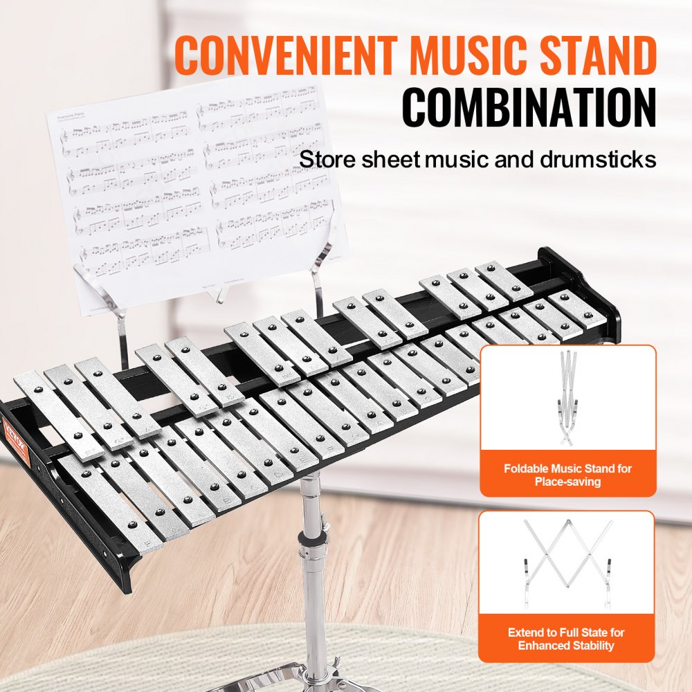 VEVOR Kit Campana Xilofono Glockenspiel a 32 Note, Set di Strumenti a Percussione Professionale con Mazze, Bacchette, Leggio, Supporto Regolabile e Borsa per il Trasporto per Studenti e Adulti