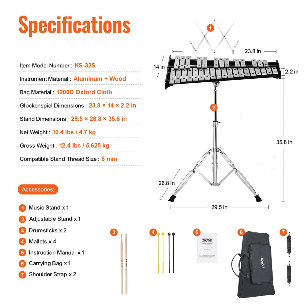 VEVOR Kit Campana Xilofono Glockenspiel a 32 Note, Set di Strumenti a Percussione Professionale con Mazze, Bacchette, Leggio, Supporto Regolabile e Borsa per il Trasporto per Studenti e Adulti