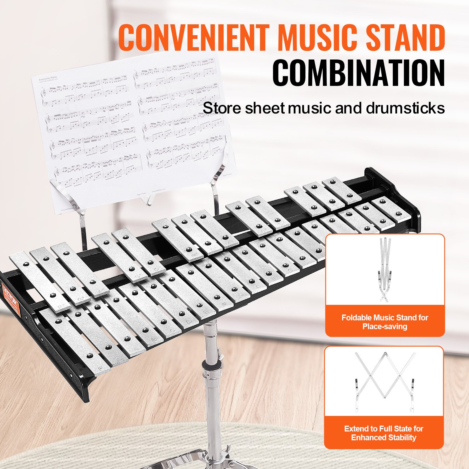 VEVOR Kit Campana Xilofono Glockenspiel a 32 Note, Set di Strumenti a Percussione Professionale con Mazze, Bacchette, Leggio, Supporto Regolabile e Borsa per il Trasporto per Studenti e Adulti