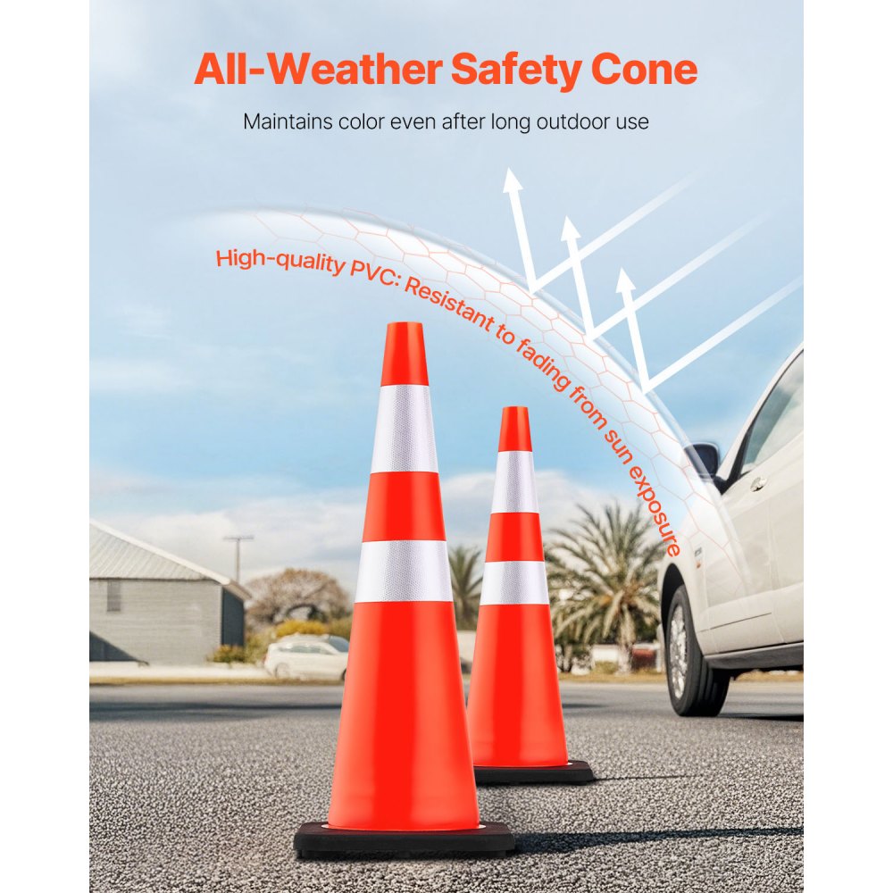VEVOR 6-pack 36-inch traffic cones, safety road parking cones with black weighted base, orange PVC traffic safety cones, hazard cones
